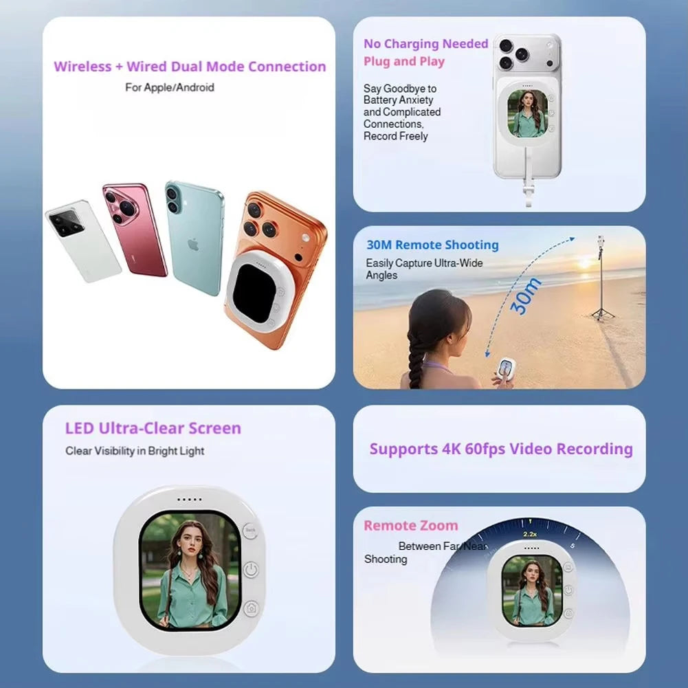 Mini Wireless Bluetooth Magnetic Phone Screen Monitor Mobile Phone Rear Camera Selfie Video Camera for Vlog Live Selfie Screen